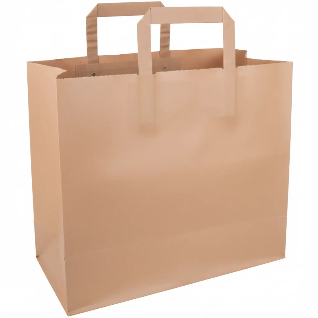 Papiertragetasche Kraft recycelt 70g, 32 x 21 x 30 cm, Flachgriff 250 Stk – Lebensmittelverpackung